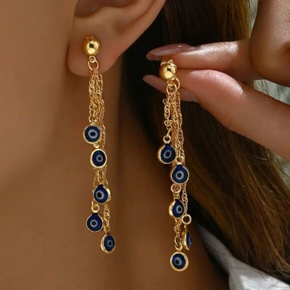 18K Gold Plated Evil Eye Tassel Dangle Earrings - Picture 1 of 5
